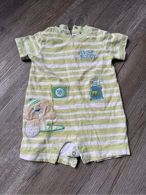 VTG Golf Buddy Beaver Striped Baby Romper Outfit Green White Cotton Size 12 M